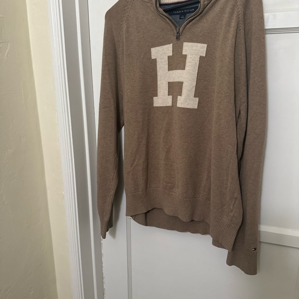 Tommy Hilfiger Tan Zip-Up Sweater with 'H' letter